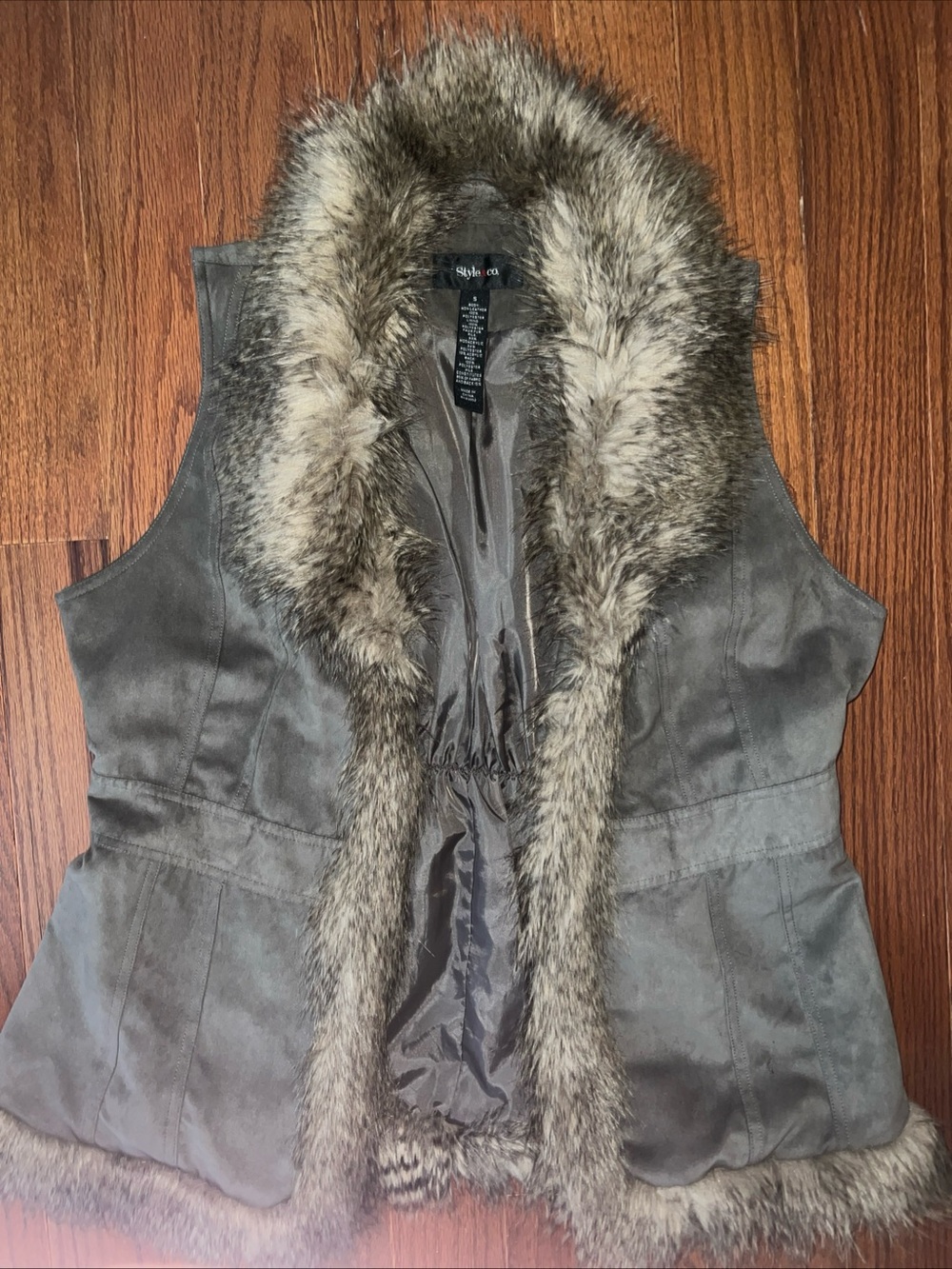 Style & Co. Gray Faux-Suede Vest with Faux-Fur Trim
